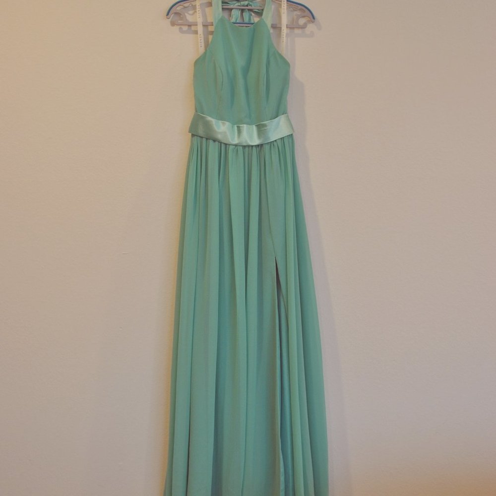 Azazie Turquoise Empire Waist Halter Dress High Slit with POCKETS! A4